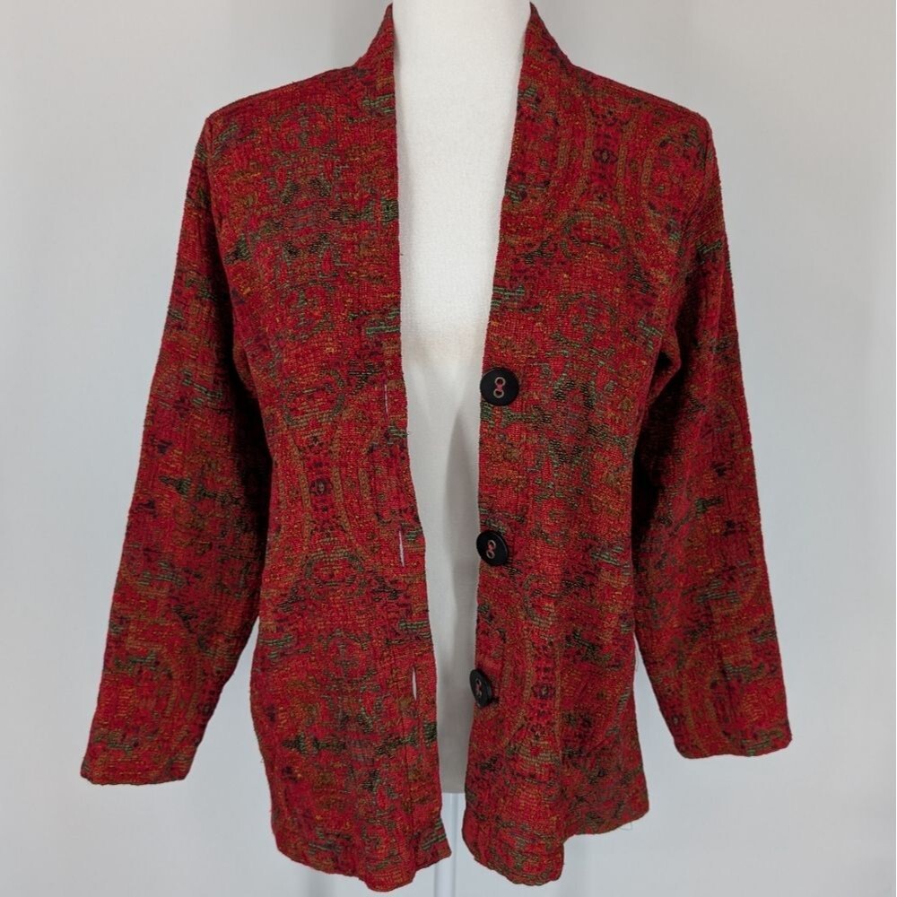 Habitat Vintage Boho Artsy Red Green Button Texture Tapestry Jacket Blazer Large